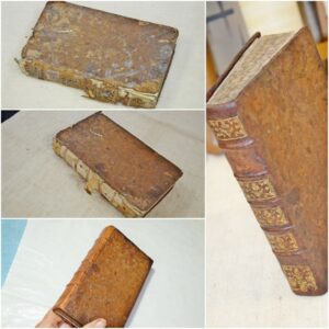 Plusieurs étapes de la restauration : cuir avant puis après nettoyage et retrait de l'ancien dos irrécupérable. Plusieurs étapes de la restauration : cuir avant puis après nettoyage et retrait de l'ancien dos irrécupérable.