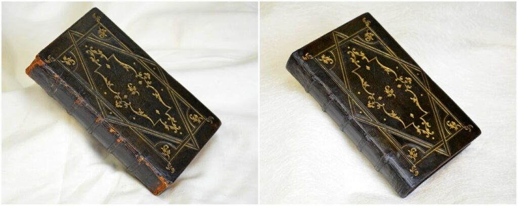 Avant / Après restauration du plat supérieur et du dos. Avant / Après restauration du plat supérieur et du dos.