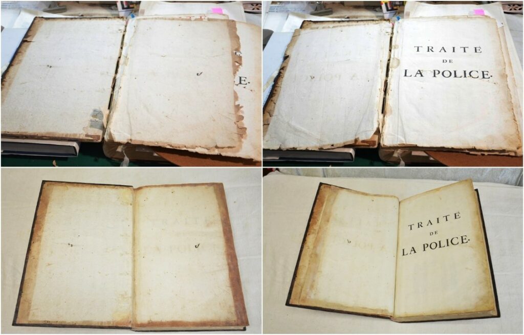 Avant / Après restauration : raccordement à l'identique des premiers cahiers (couture) et restauration au moyen de greffe de papier japon.