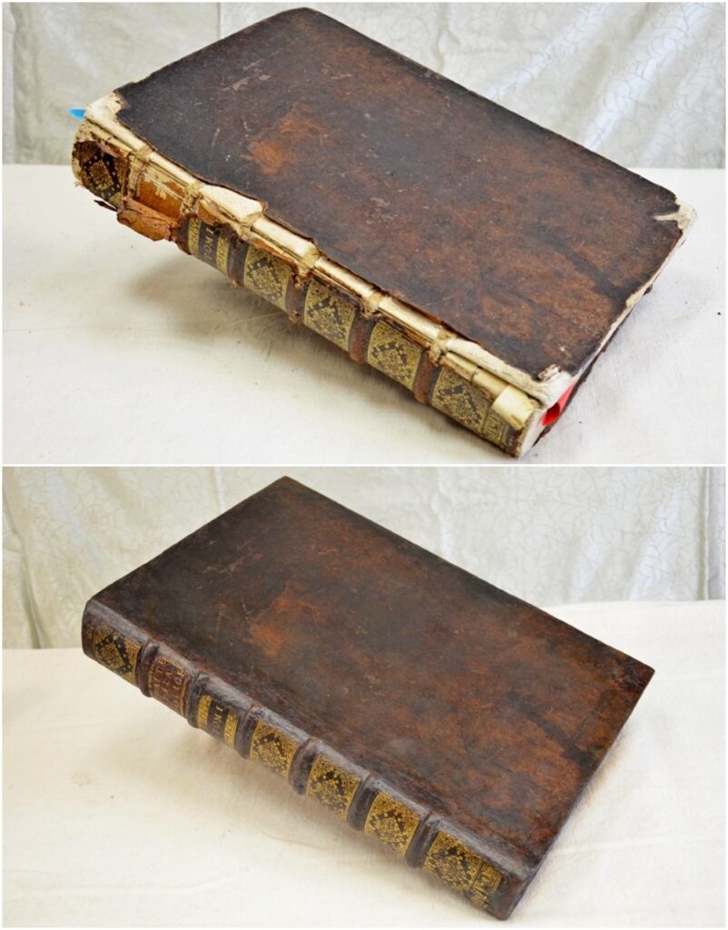 Avant / Après restauration vue du plat supérieur : restauration des mors, des coiffes, de tous les chants et coins avec retouche chromatique .