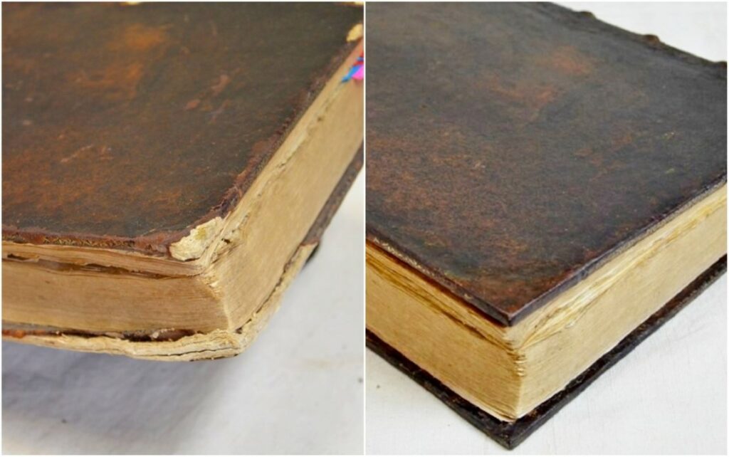 Avant / Après restauration des coins en tête du livre.