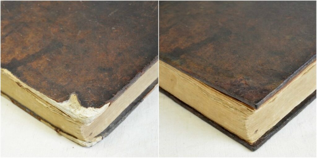 Avant / Après restauration des coins en tranche de queue (inférieure) du livre.