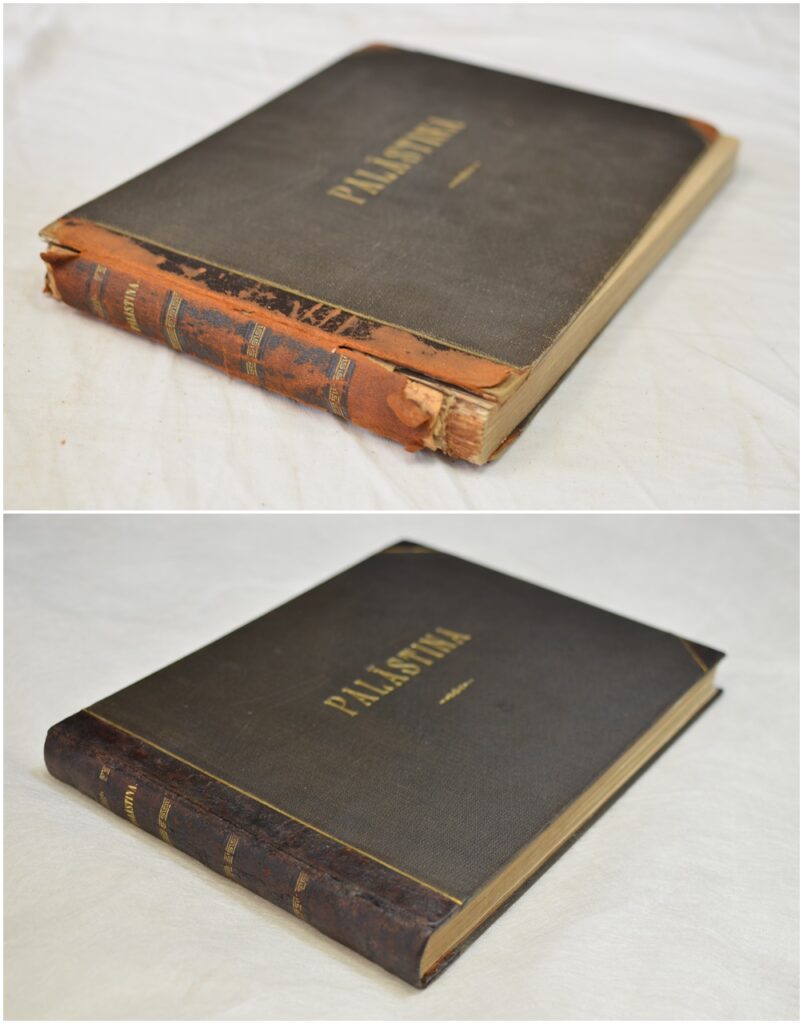 Avant / Après restauration du dos et du plat supérieur. Avant / Après restauration du dos et du plat supérieur.