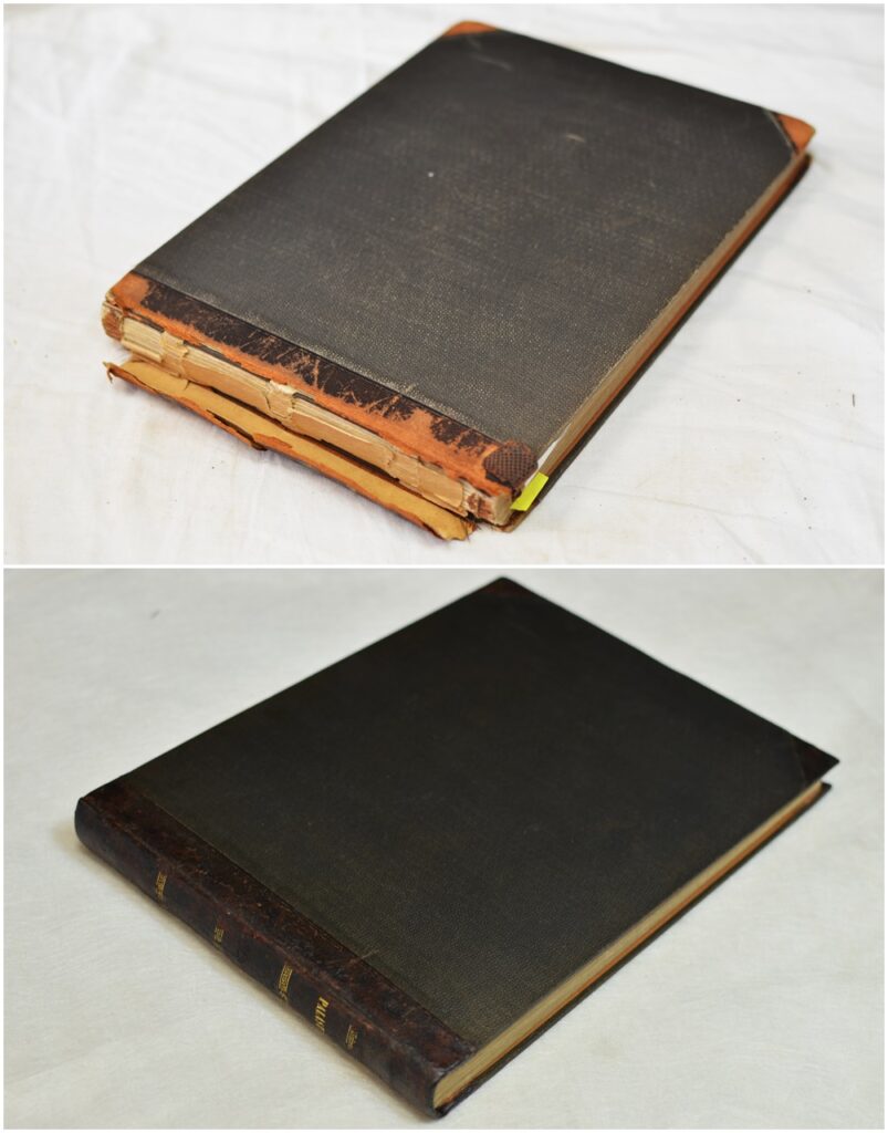 Avant / Après restauration du dos et du plat inférieur.